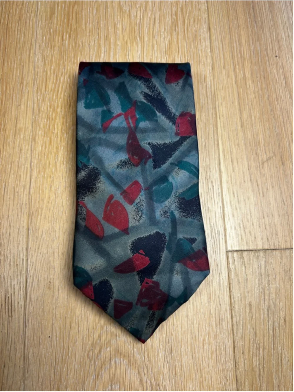 Vintage 90s Abstract Geometric Silk Tie Navy Red Gray Retro Graphic